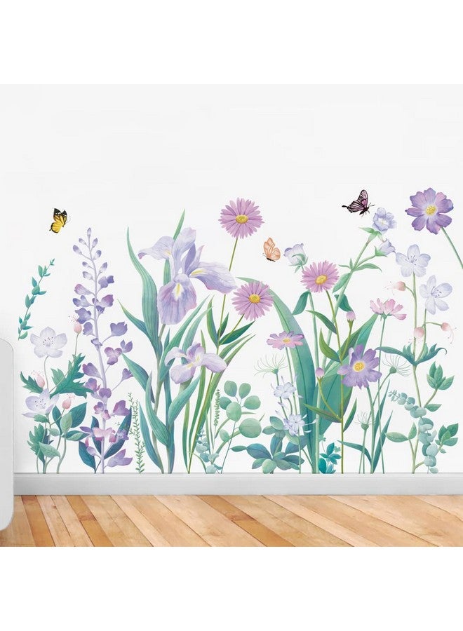 Runtoo Purple Flowers Wall Decal Butterfly Garden Floral Wall Stickers for Girls Bedroom Bathroom Nursery Wall Decor - Image 1