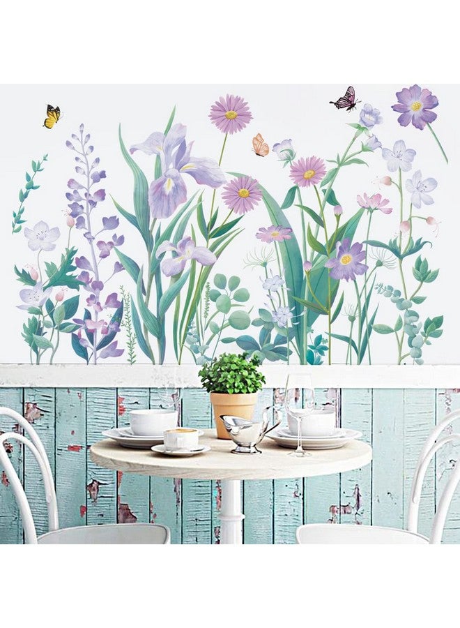 Runtoo Purple Flowers Wall Decal Butterfly Garden Floral Wall Stickers for Girls Bedroom Bathroom Nursery Wall Decor - Image 2