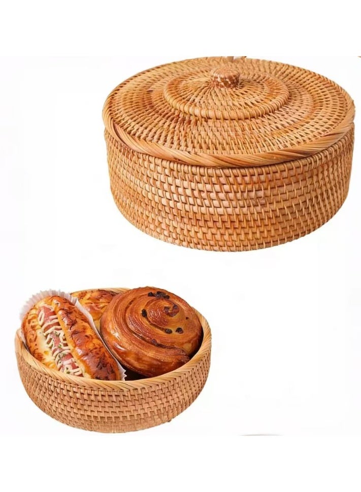 Handmade Rattan Storage Basket with Lid – Woven Fruit & Snack Storage Box, Natural Organizer for Kitchen, Living Room, Bread, Candy & Home Decor (26x9cm) - Image 1