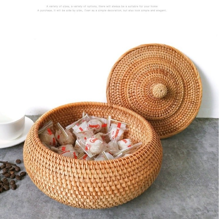 Handmade Rattan Storage Basket with Lid – Woven Fruit & Snack Storage Box, Natural Organizer for Kitchen, Living Room, Bread, Candy & Home Decor (26x9cm) - Image 4
