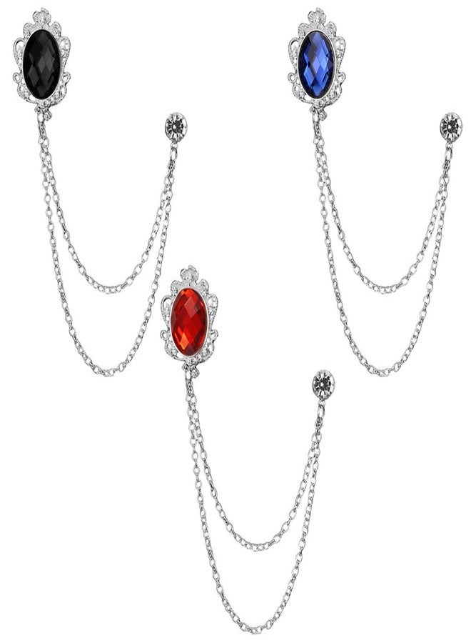 Huture 3 Packs Men's Gem Brooch Lapel Pin Badge Hanging Chains Collar Brooches Pin for Career Suit Tuxedo of Shirts Tie Hat Scarf for Boyfriend Father Birthday Gift, Silver Black Red Blue - Image 1