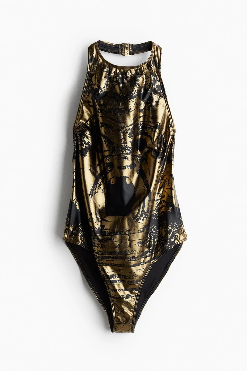 H&M Shimmering-print halterneck swimsuit