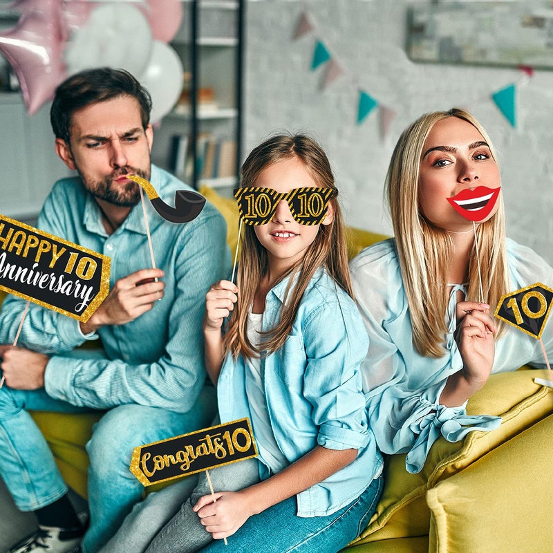 Wobbox 10th Anniversary Photo Booth Party Props DIY Kit, Golden Gliter & Black, Anniversary Party Decoration - Image 5
