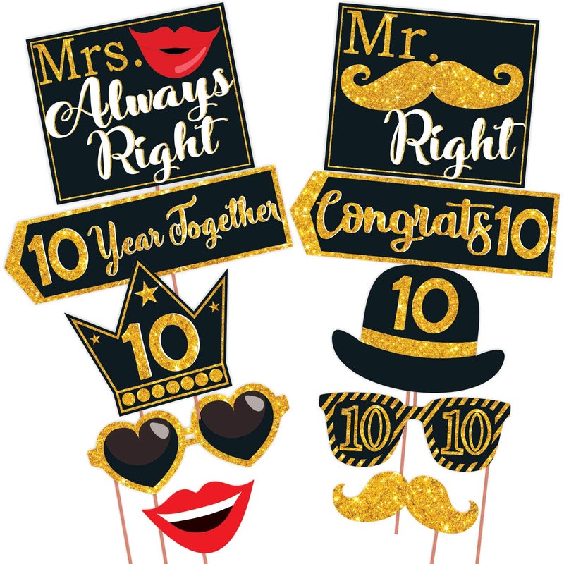 Wobbox 10th Anniversary Photo Booth Party Props DIY Kit, Golden Gliter & Black, Anniversary Party Decoration - Image 2