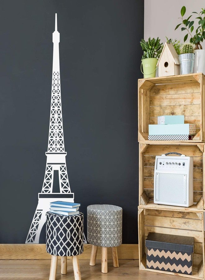 Printique Vinyl Wall Art Decal - Eiffel Tower - 60" x 22" - Cute Minimal France Adhesive Sticker Modern for Paris Lover Home School Work Office Girl Bedroom Closet Living Room Kids Room Store Decor (White) - Image 2
