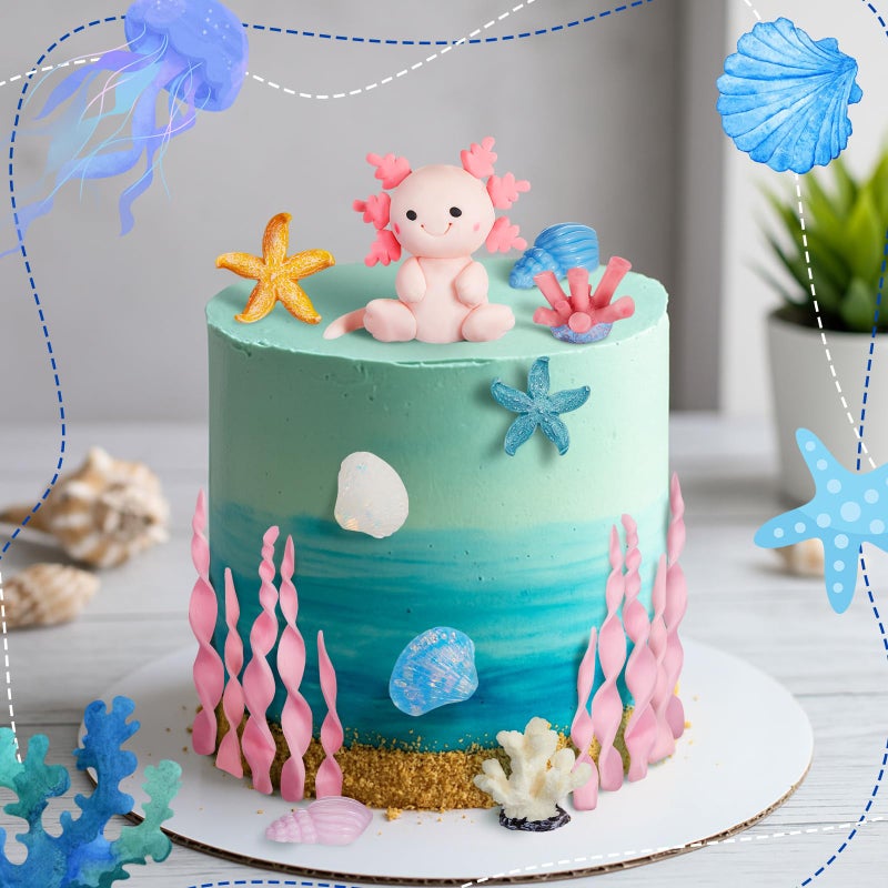 RoundFunny 24 Pcs Axolotl Birthday Decorations Supplies Include 1 Cake Topper 12 Artificial Seagrass 11 Diving Toy Underwater Decorations for Ocean Theme Party - Image 4