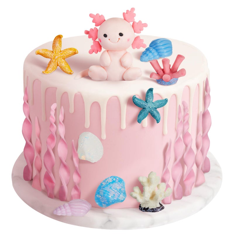 RoundFunny 24 Pcs Axolotl Birthday Decorations Supplies Include 1 Cake Topper 12 Artificial Seagrass 11 Diving Toy Underwater Decorations for Ocean Theme Party - Image 1