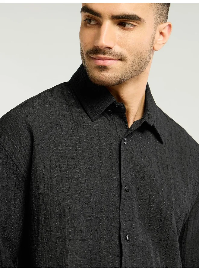 Beyoung Black Textured Jacquard Shirt
