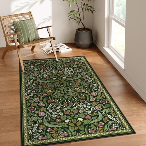 Moynesa Floral 3x5 Area Rug Washable Non Slip Soft Bedroom Rugs Boho Green Small Rugs for Living Room Botanical Ultra Thin Throw Carpet for Kitchen Entryway Bathroom Green - Image 1