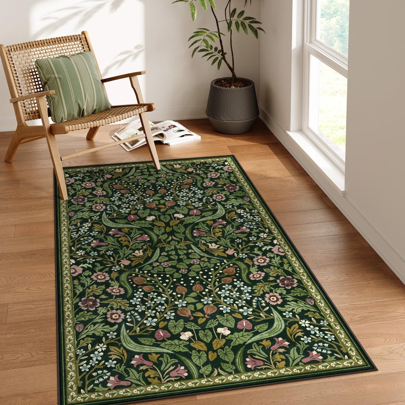 Moynesa Floral 3x5 Area Rug Washable Non Slip Soft Bedroom Rugs Boho Green Small Rugs for Living Room Botanical Ultra Thin Throw Carpet for Kitchen Entryway Bathroom Green - Image 2