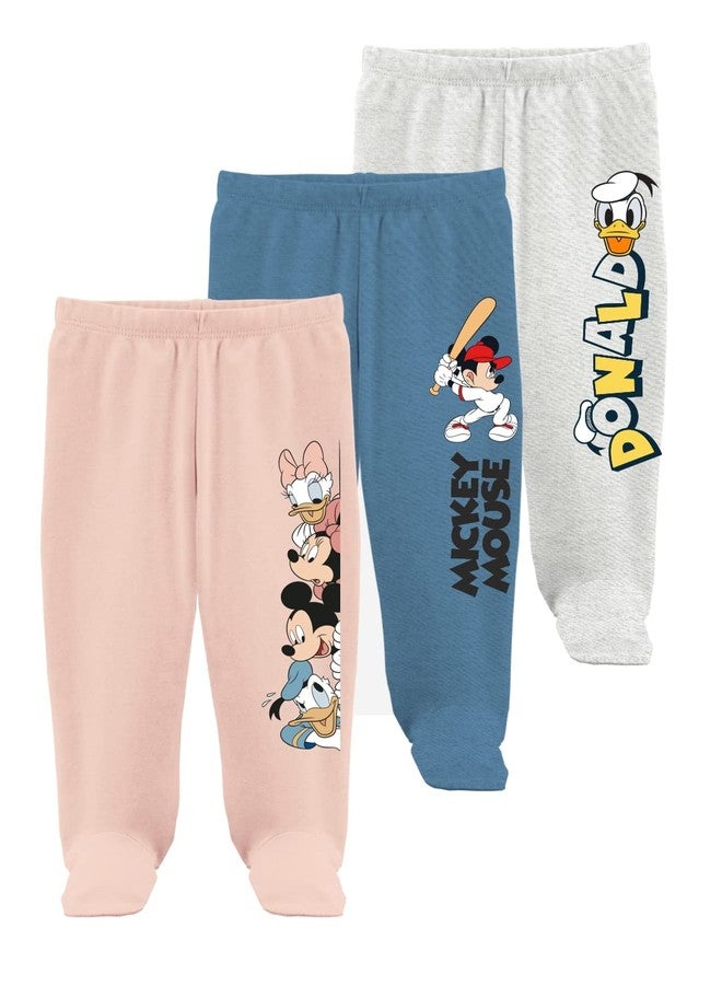 minicult Disney Mickey Mouse Footed Pajama Pants for Baby Boys and Girls(Blue c3)(Pack of 3)(12-18 Months) - Image 1