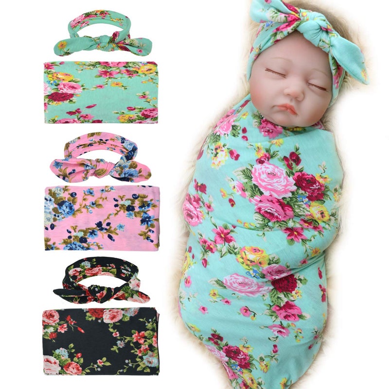 DRESHOW BQUBO 3 Sets Receiving Blanket with Headbands Newborn Baby Floral Printed Baby Shower Swaddle Gift - Image 1