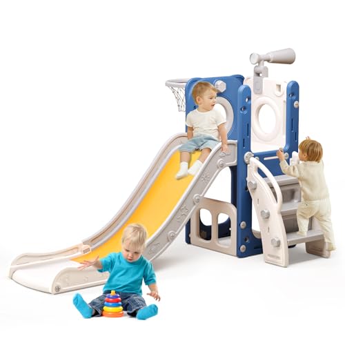 Baotree 6 in 1 Toddler Playset with Slide Kids Slide with Basketball Hoop Ball Ring Toss Indoor Outdoor Toys - Image 1