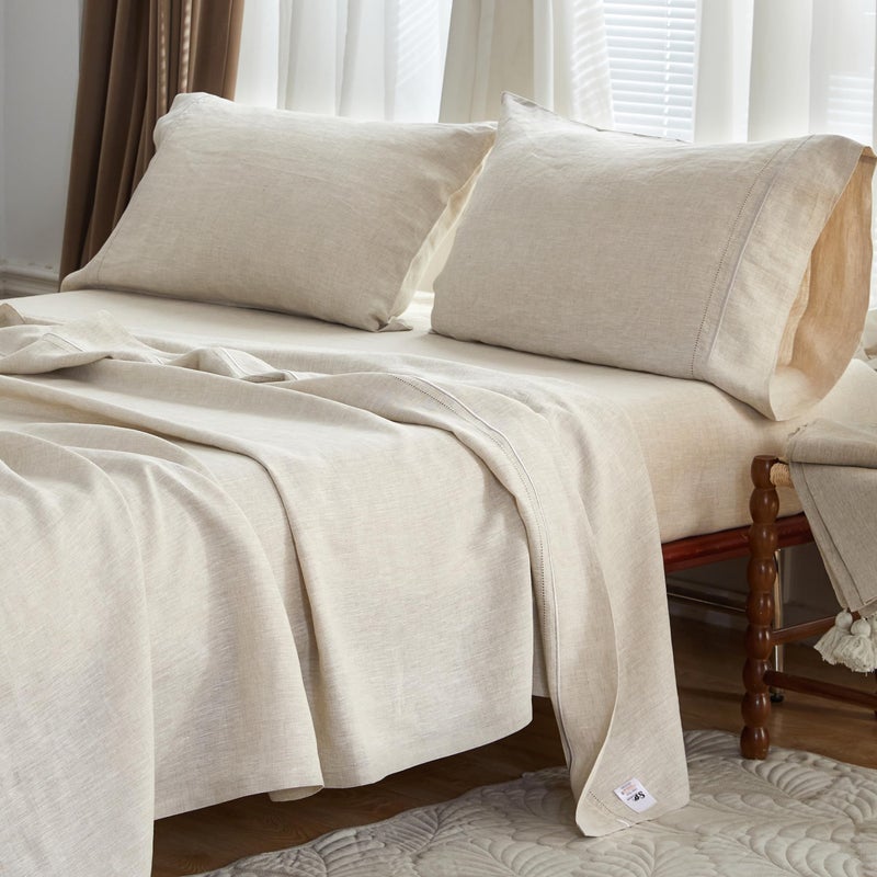 Simple&Opulence 100% French Linen Sheet Set Breathable Durable for Hot Sleepers Bedding 4 Pcs Set-1 Flat Sheet,1 Fitted Sheet,2 Pillowcases with Hemstitch Lace Embroidery Design (Linen, King) - Image 1