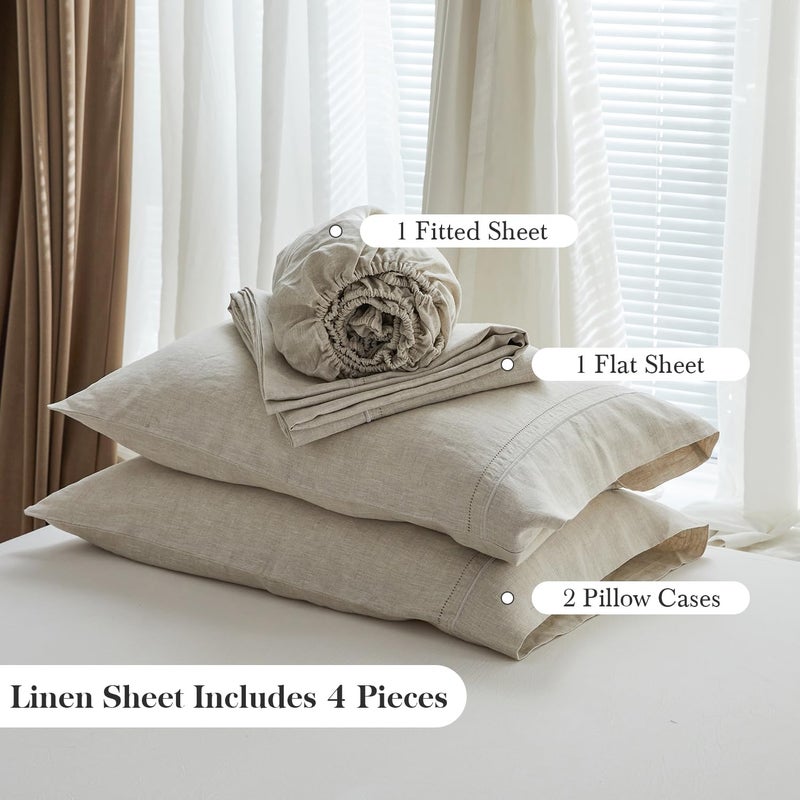 Simple&Opulence 100% French Linen Sheet Set Breathable Durable for Hot Sleepers Bedding 4 Pcs Set-1 Flat Sheet,1 Fitted Sheet,2 Pillowcases with Hemstitch Lace Embroidery Design (Linen, King) - Image 5