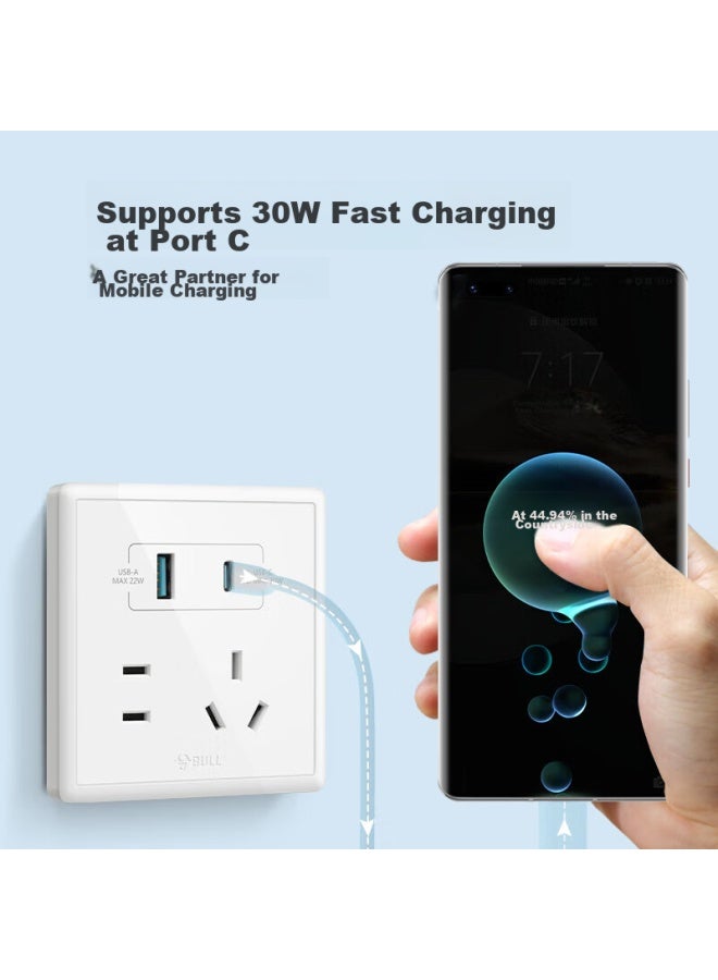 Bull Switch Socket, G36 Series, Five-hole Socket With Usb+type-c30w Fast Charging, G36e537a, White, Concealed Installatio - Image 2