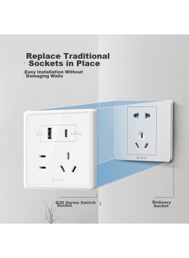 Bull Switch Socket, G36 Series, Five-hole Socket With Usb+type-c30w Fast Charging, G36e537a, White, Concealed Installatio - Image 3