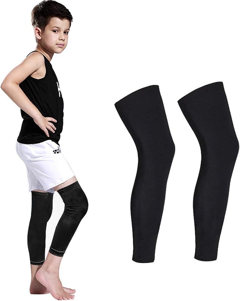 Luwint Long Leg Sleeves for Kids Comfortable Non-Slip UV Protection Thigh Calf Brace Support for Basketball Running Cycling, 1 Pair (Black S) - Image 1