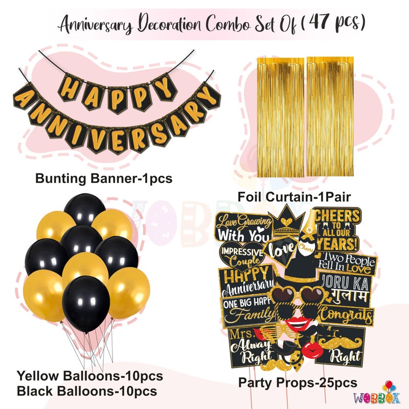 Wobbox Anniversary Party Props with Black & Golden Balloon Font Bunting Banner & Balloon & Foil Curtain, Anniversary Party Decoration (47 Pcs Combo) - Image 2