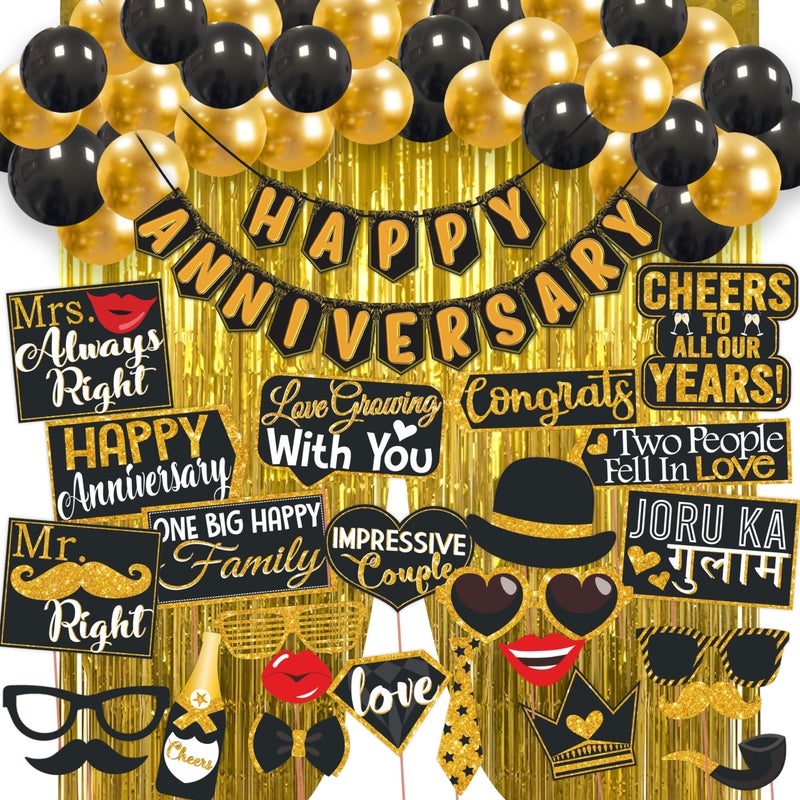 Wobbox Anniversary Party Props with Black & Golden Balloon Font Bunting Banner & Balloon & Foil Curtain, Anniversary Party Decoration (47 Pcs Combo) - Image 1