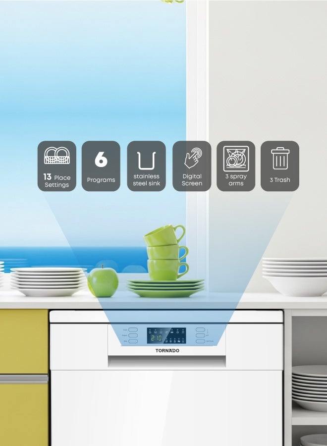 TORNADO Freestanding Dishwasher 13 Place Settings, 6 Programs, 2 Racks, A++ Energy Rating, Quiet Operation Low Noise, Mini programme, Half-load,Stainless Steel Tub - Image 2