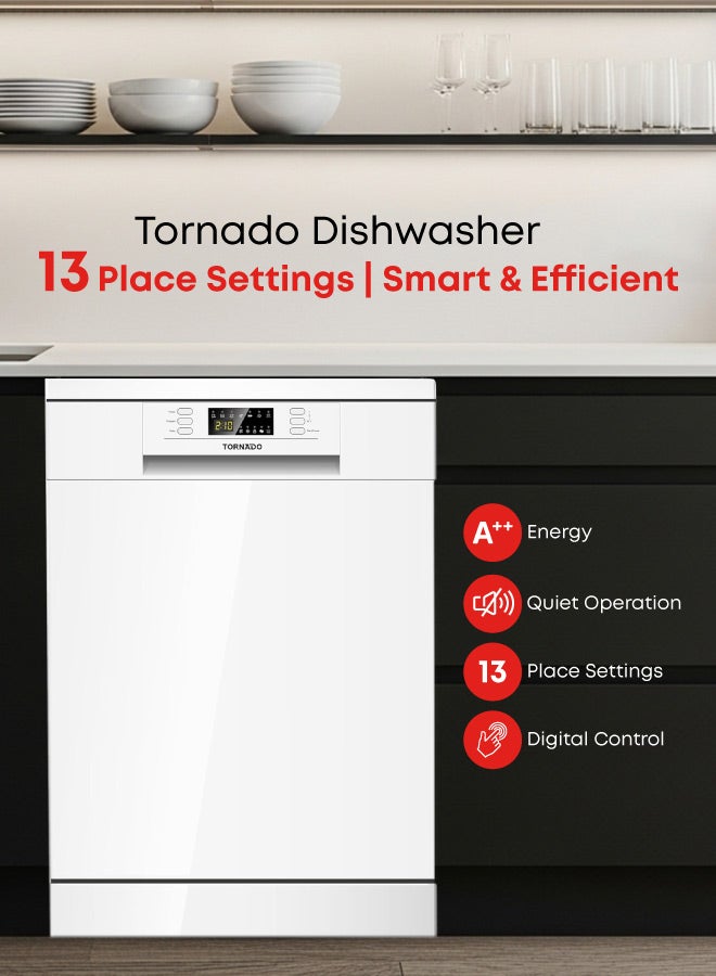 TORNADO Freestanding Dishwasher 13 Place Settings, 6 Programs, 2 Racks, A++ Energy Rating, Quiet Operation Low Noise, Mini programme, Half-load,Stainless Steel Tub - Image 1