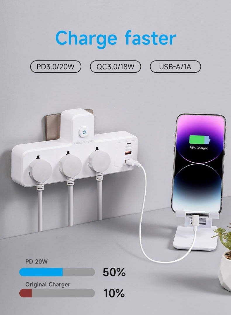 Extension Socket Adapter with Night Light, Universal Power Adapter Including USB-A, PD3.0/20W, and QC 3.0/18W, 3 Way Wall Charge Adaptor - Image 2
