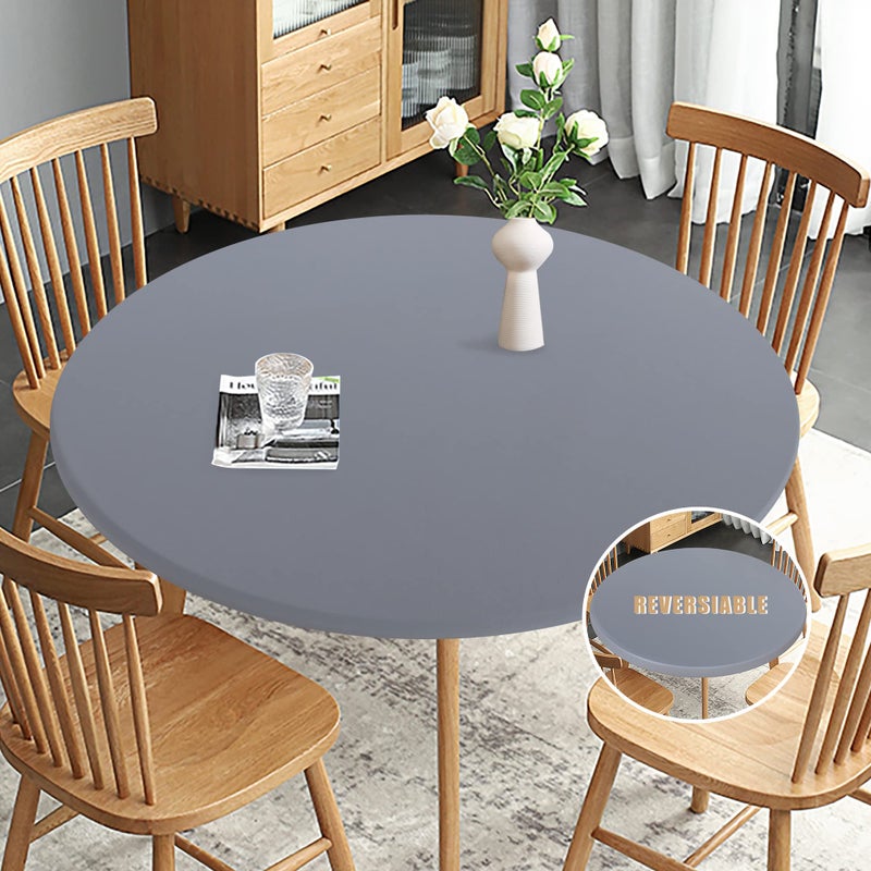 Obstal Fitted Round Table Cloth Reversible Waterproof Stain Resistant Elastic Stretch Tablecloth Wipe Clean Table Cover for OutdoorIndoor Use Fits Round Tables up to 48 56 Diameter Grey