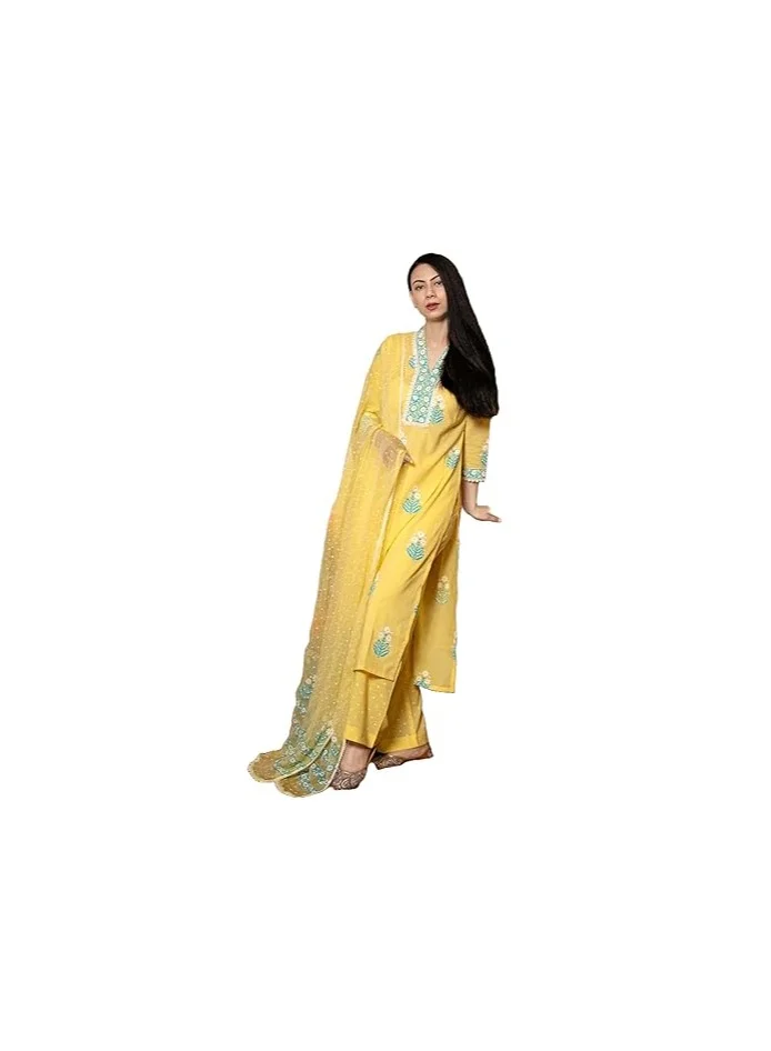 جو سريكي كورتا مستقيمة مطبوعة من GoSriKi من الرايون الفيسكوزي مع بنطال ودوباتا (خردل بيلاجافي-VKS01-GS_XXL_Mustard_XX-كبير)