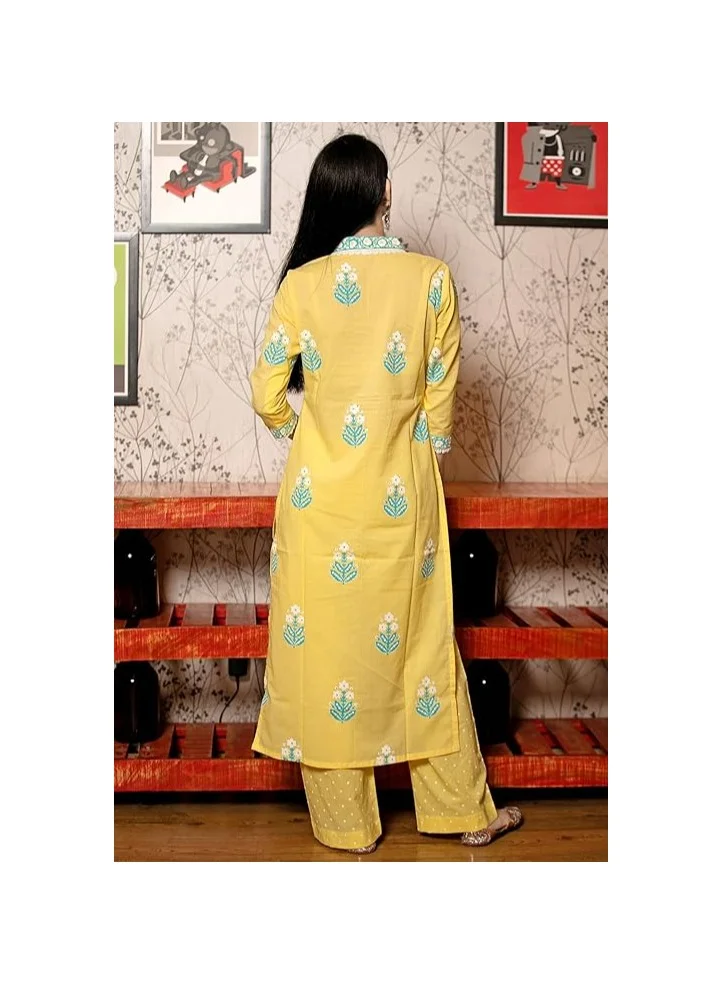 جو سريكي كورتا مستقيمة مطبوعة من GoSriKi من الرايون الفيسكوزي مع بنطال ودوباتا (خردل بيلاجافي-VKS01-GS_XXL_Mustard_XX-كبير)