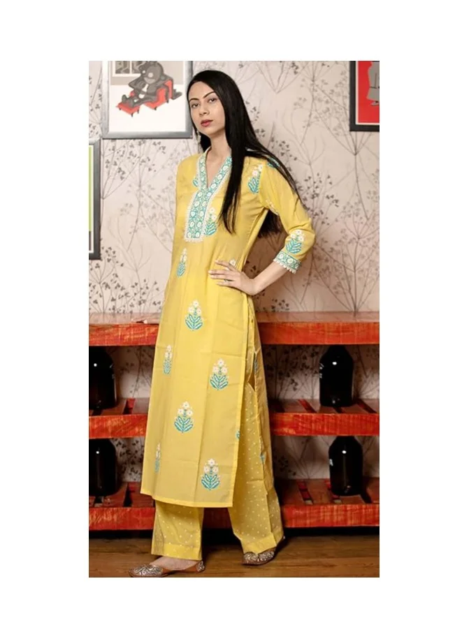 GoSriKi  GoSriKi Women's Rayon Viscose Printed Straight Kurta with Pant & Dupatta (Belagavi Mustard-VKS01-GS_XXL_Mustard_XX-Large) for Women | Best Price UAE