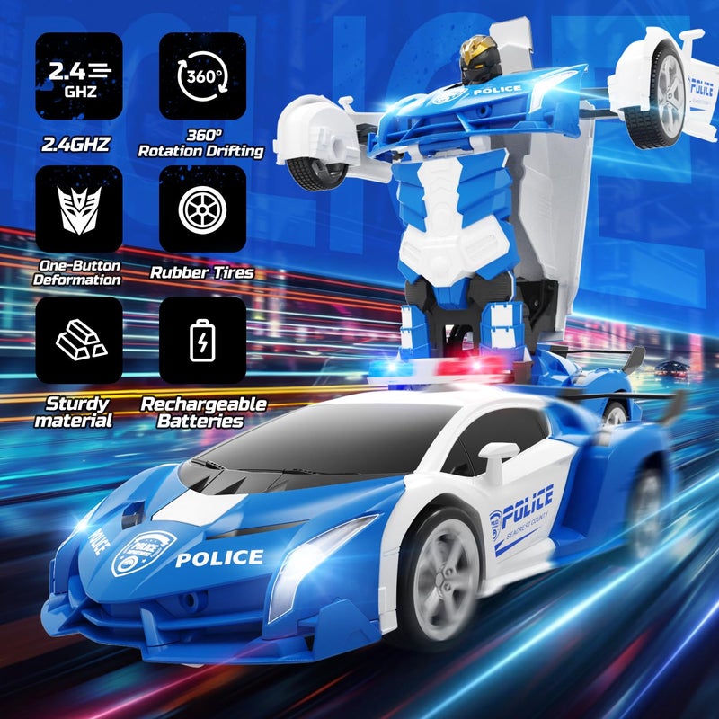 DEERC Transform Remote Control Car 2.4GHz Robot RC Cars 1:18 Scale Police Car Toy One-Button Deformation & 360 Rotating Drifting for Kids Boys Age 4-7 8-12 Birthday Xmas Gift - Image 4