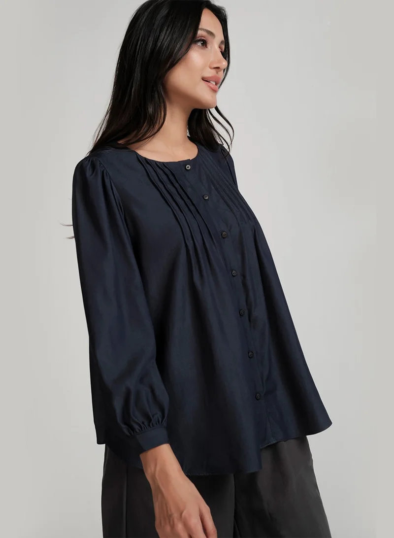 Zigzag Front Pintucked Round Neck Blue Top