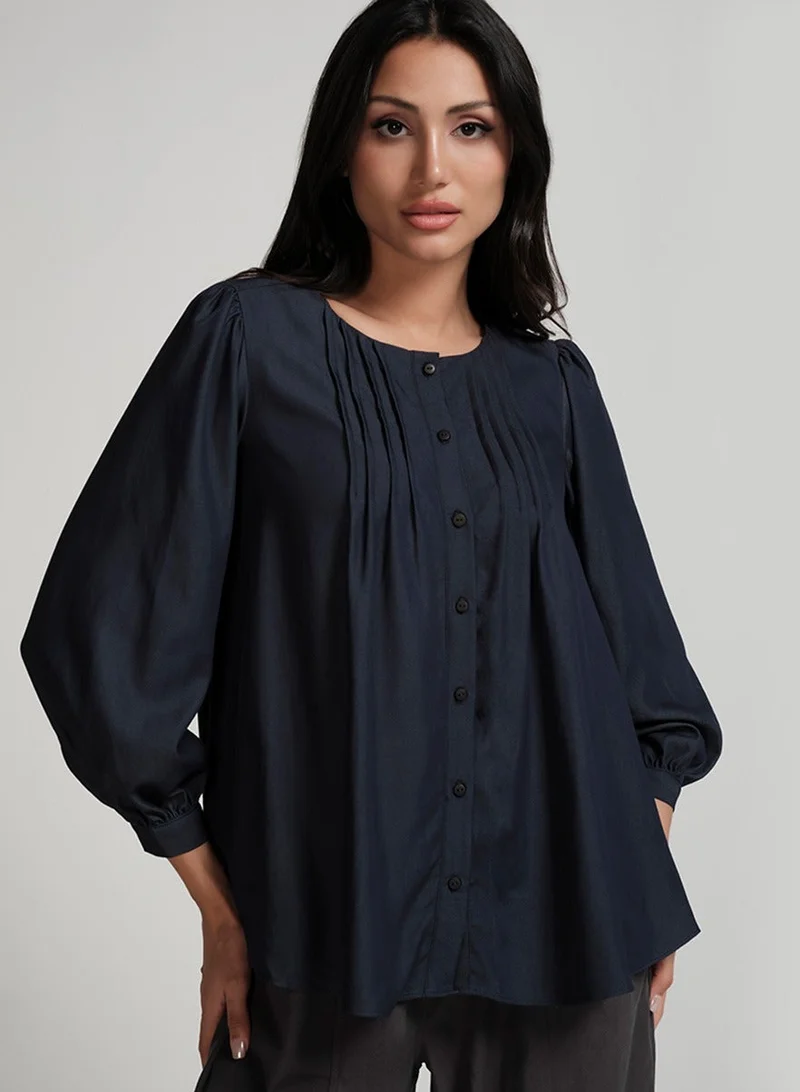 Zigzag Front Pintucked Round Neck Blue Top