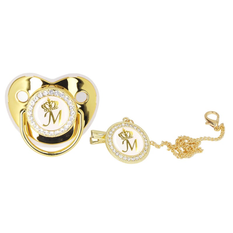 GLOGLOW Personalized Golden Letter Pacifier Set with Bling Design, Clips, Anti-Dust Cover for Baby Photography, Size M - Image 1