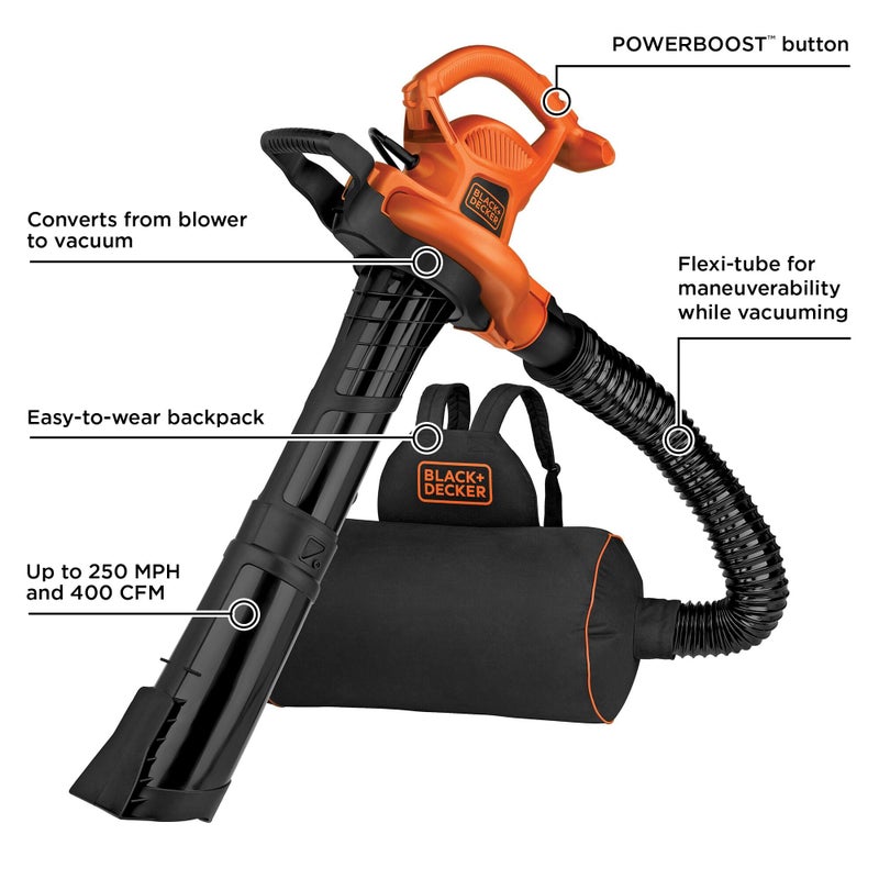 BLACK+DECKER Leaf Blower, Leaf Vacuum and Mulcher 3 in 1, Backpack Blowers for Lawn Care,250 mph Airflow, 400 cfm Delivery Power, Reusable Bag Included, Corded (BEBL7000) - Image 4