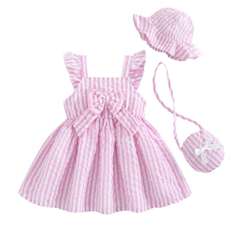 Renotemy Little Kids Girl Dresses 18 Months Toddler Girls Ruffle Flutter Sleeve Big Bowknot Boho Pink Striped Sundress Gifts for Girls 18-24 Months Spring Summer Dress Clothes Outfits with Hat and Bag - Image 1
