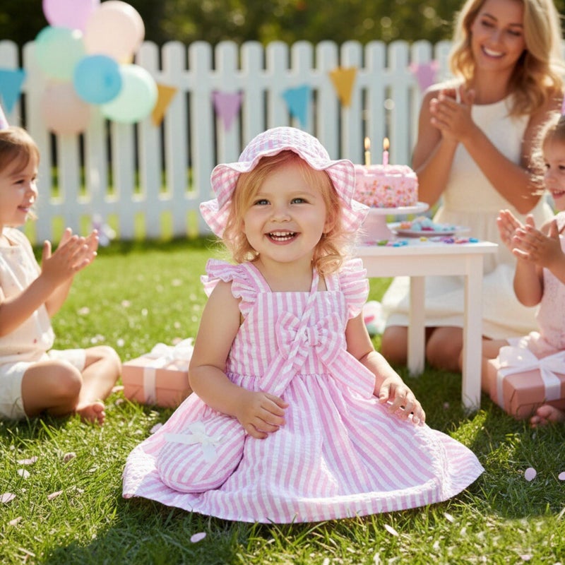 Renotemy Little Kids Girl Dresses 18 Months Toddler Girls Ruffle Flutter Sleeve Big Bowknot Boho Pink Striped Sundress Gifts for Girls 18-24 Months Spring Summer Dress Clothes Outfits with Hat and Bag - Image 3