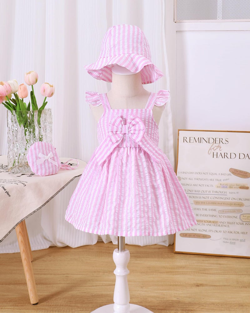 Renotemy Little Kids Girl Dresses 18 Months Toddler Girls Ruffle Flutter Sleeve Big Bowknot Boho Pink Striped Sundress Gifts for Girls 18-24 Months Spring Summer Dress Clothes Outfits with Hat and Bag - Image 4