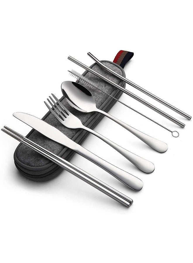 Linist Portable Utensils Travel Camping Cutlery Set 8-Piece Including Fork Spoon Chopsticks Cleaning Brush Straws Portable Case Stainless Steel Spoon Set (Silver) - Image 1