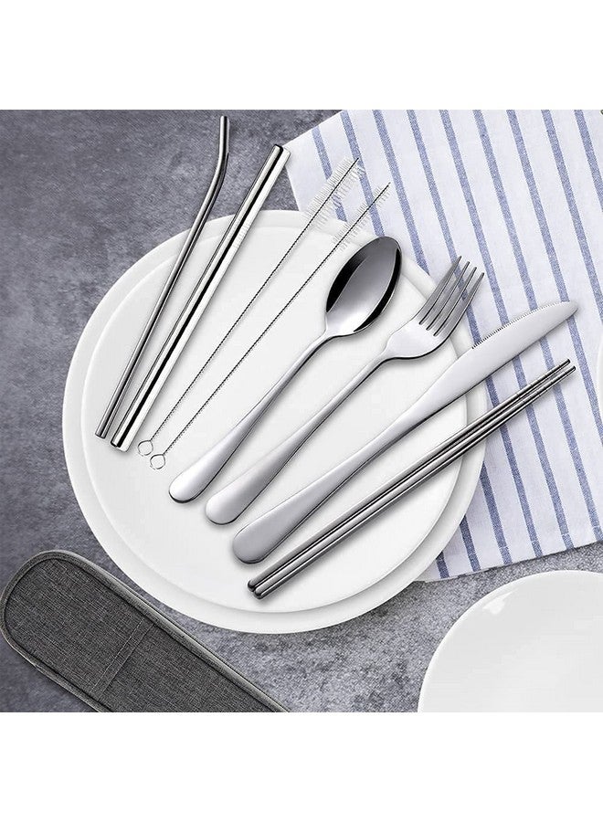 Linist Portable Utensils Travel Camping Cutlery Set 8-Piece Including Fork Spoon Chopsticks Cleaning Brush Straws Portable Case Stainless Steel Spoon Set (Silver) - Image 5