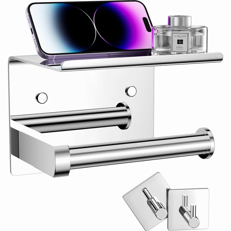 Tindbea Toilet Paper Holder with Phone Shelf  Towel Robe Hooks Adhesive or Screw Wall Mounted Toilet Paper Roll Storage Stainless Steel Bathroom Tissue Roll Holder Polished Chrome