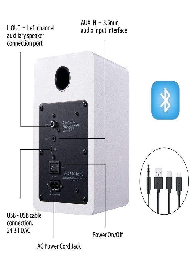 Sanyun SW208 3" Active Bluetooth 5.0 Bookshelf Speakers - 60W Carbon Fiber Speaker Unit - Built-in 24bit DAC Dynamic 3D Surround Sound 2.0 Computer PC Monitor Gaming (Pair, White) - Image 4