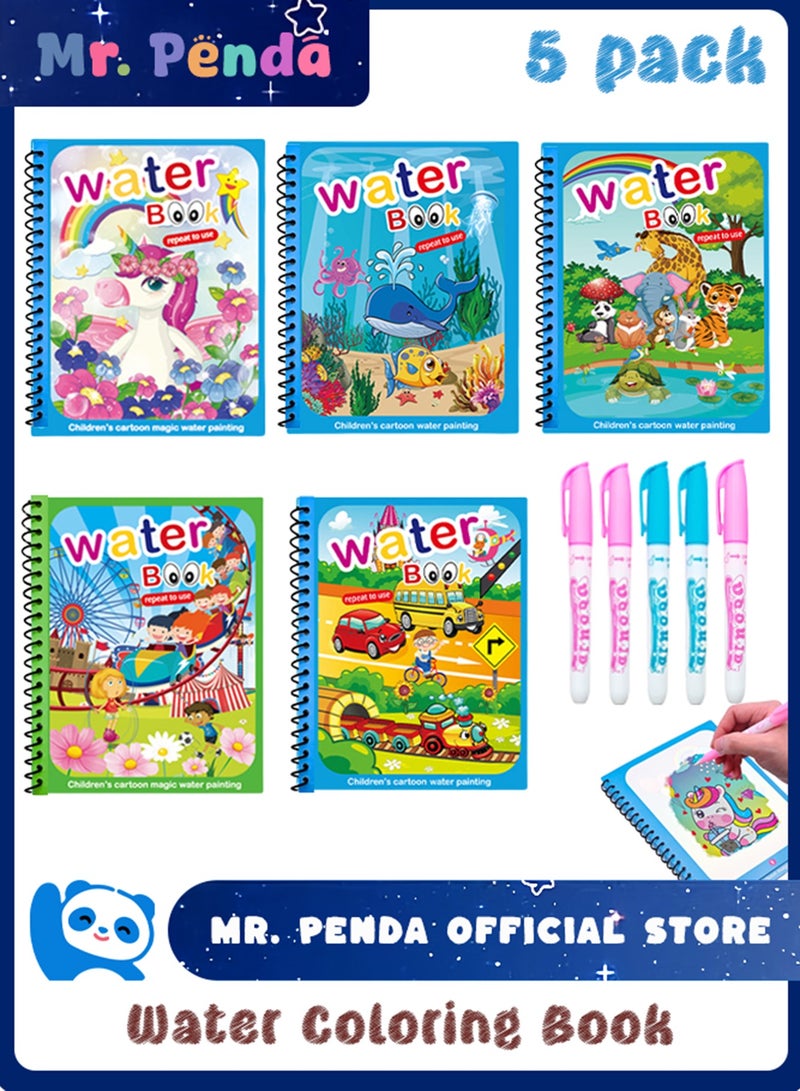 Mr. Penda 5Pcs Water Magic Colouring Book, Reusable Water Colouring Books for Children, Magic Water Colouring Book with Water Pens, Magic Painting Book for Kids 3 4 5 6 Year Old Boys Girls - Image 1