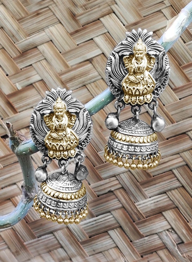 بيورا أقراط جومكي من الفضة المؤكسدة من بيورا، بتصميم الإلهة لاكشمي الهندية، مناسبة للنساء - Image 3