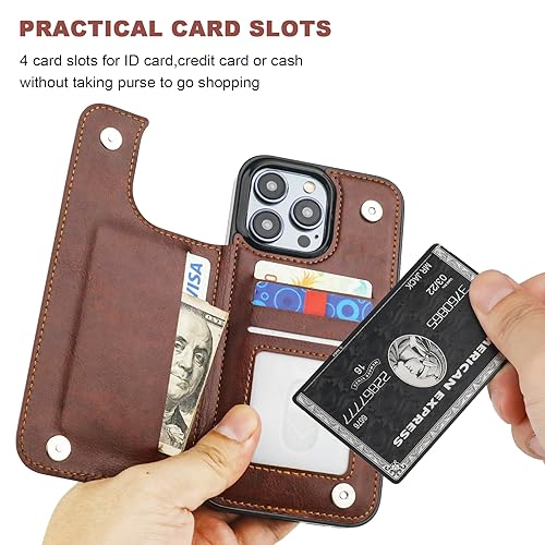 OT ONETOP ONETOP Compatible with iPhone 15 Pro Max Wallet Case with Card Holder, PU Leather Kickstand Card Slots Case, Double Magnetic Clasp and Durable Shockproof Cover 6.7 Inch (Brown) - Image 4