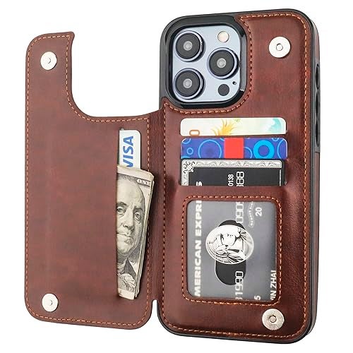 OT ONETOP ONETOP Compatible with iPhone 15 Pro Max Wallet Case with Card Holder, PU Leather Kickstand Card Slots Case, Double Magnetic Clasp and Durable Shockproof Cover 6.7 Inch (Brown) - Image 1