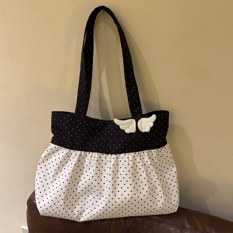 Retro Polka Dot Shoulder Bag with Cute Wings and Color Block - Image 1