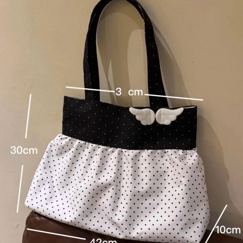 Retro Polka Dot Shoulder Bag with Cute Wings and Color Block - Image 4