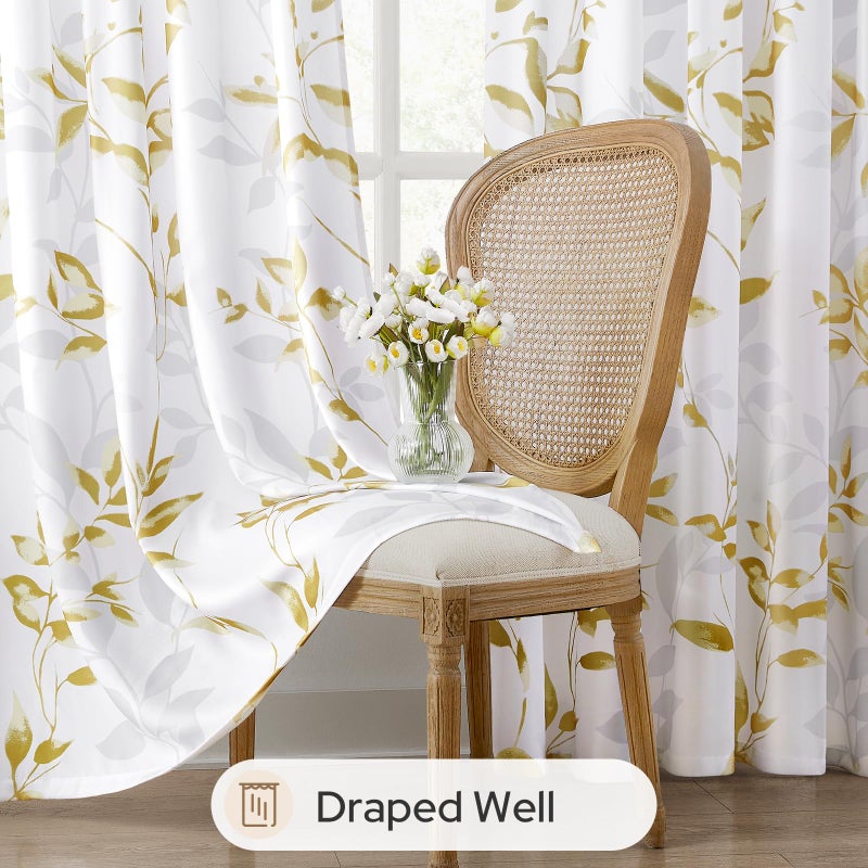 HOMEIDEAS Non-See-Through Gold and White Privacy Sheer Curtains 52 X 63 Inch Length 2 Panels, Leaf Floral Printed Light Filtering Semi Sheer Window Curtains Drapes for Bedroom Living Room - Image 4